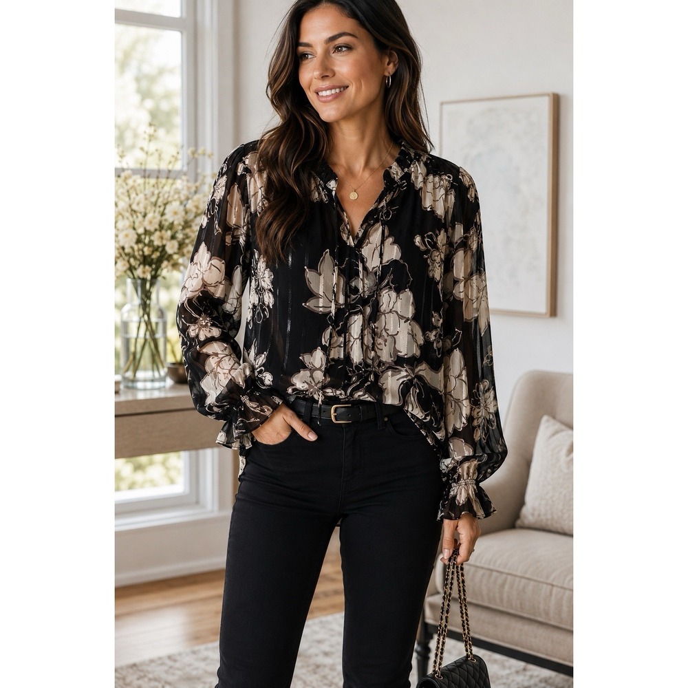 Joie NWT Floral Sheer Blouse XS Black Tie Neck Burnout Long Sleeve